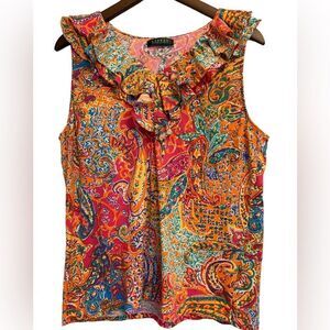 Lauren Ralph Lauren Sleeveless V-Neck Ruffle Top Colorful Paisley M/L
